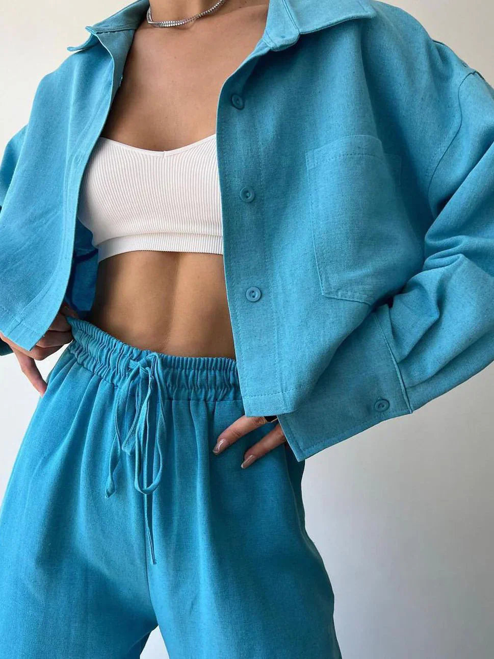 Elisa® | Casual Collared Drawstring Two Piece Pants Set
