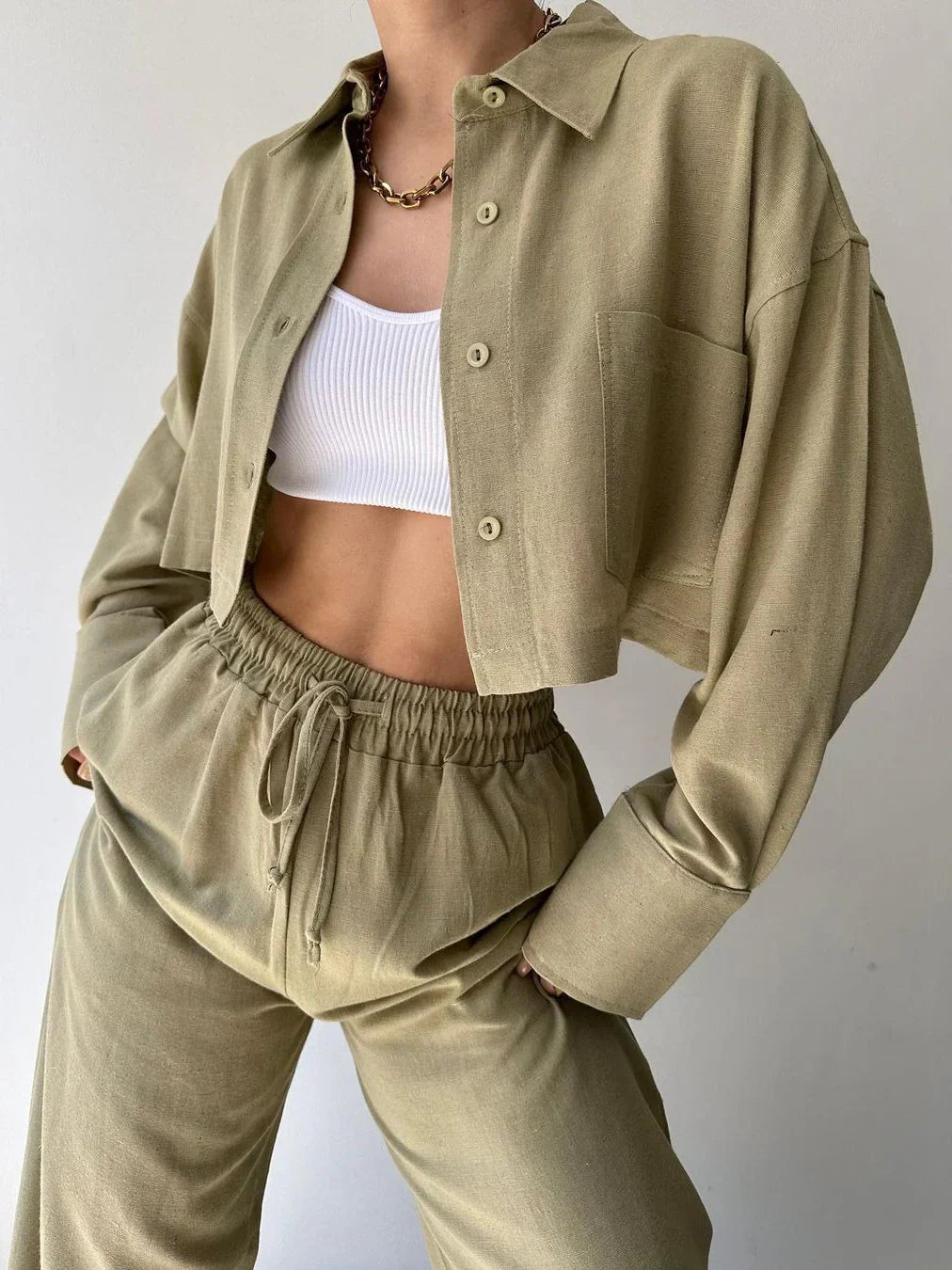 Elisa® | Casual Collared Drawstring Two Piece Pants Set