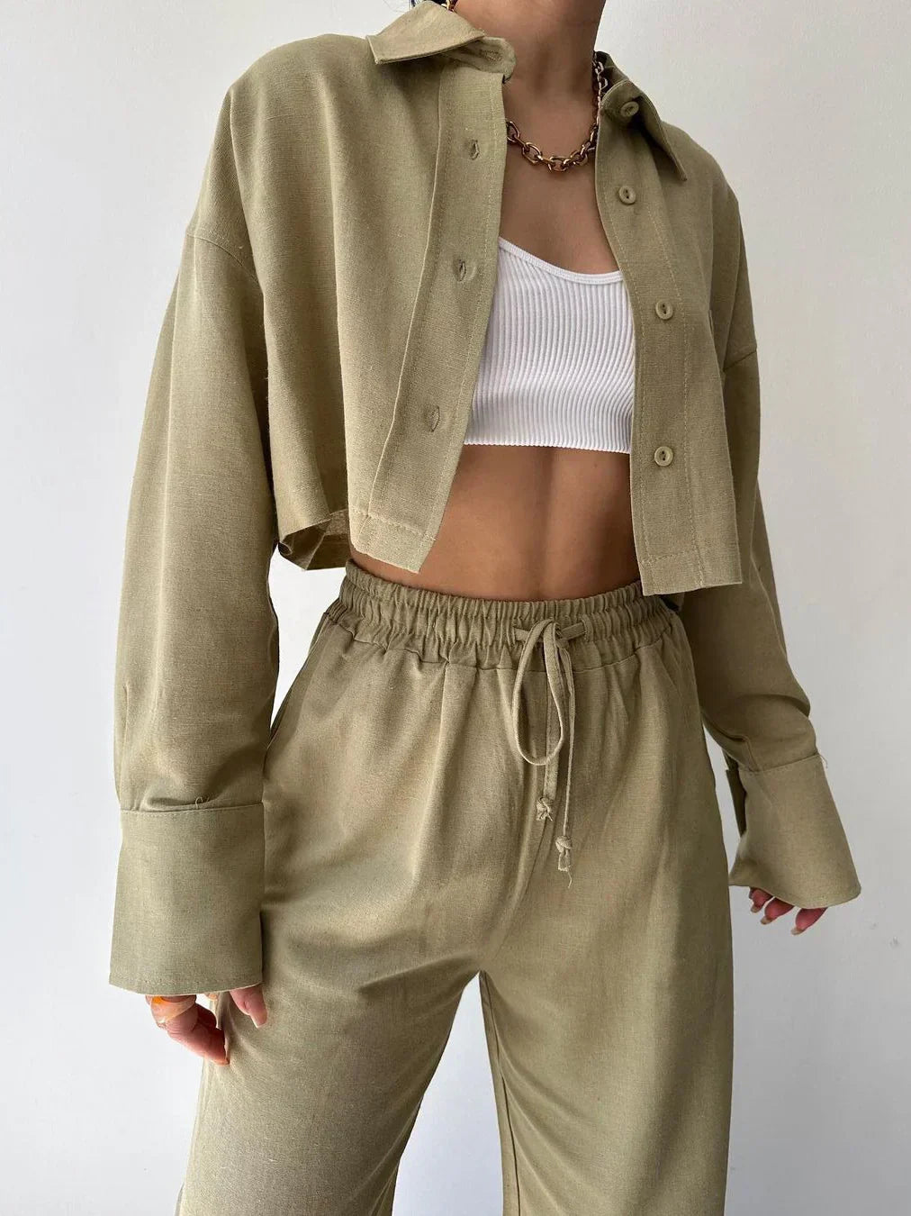 Elisa® | Casual Collared Drawstring Two Piece Pants Set