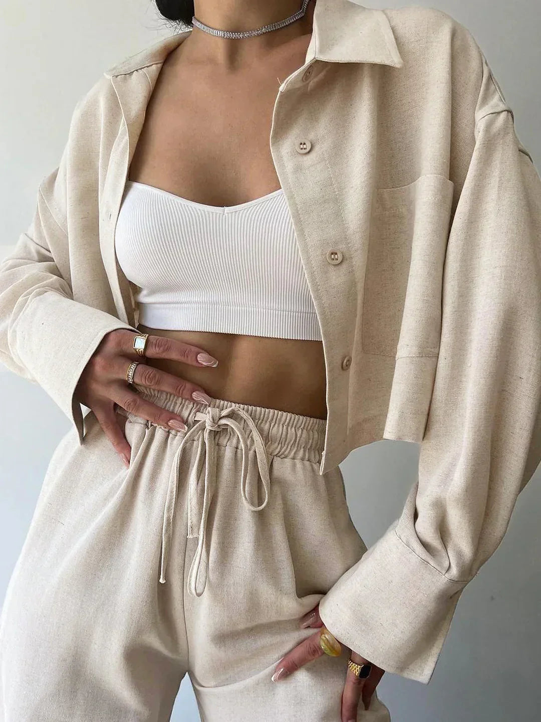 Elisa® | Casual Collared Drawstring Two Piece Pants Set