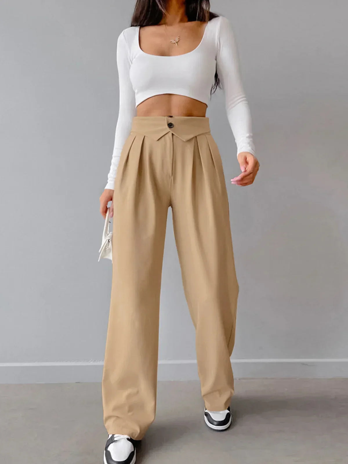 Veronika® | Street Fold Over Waistband Straight Leg Dress Pants