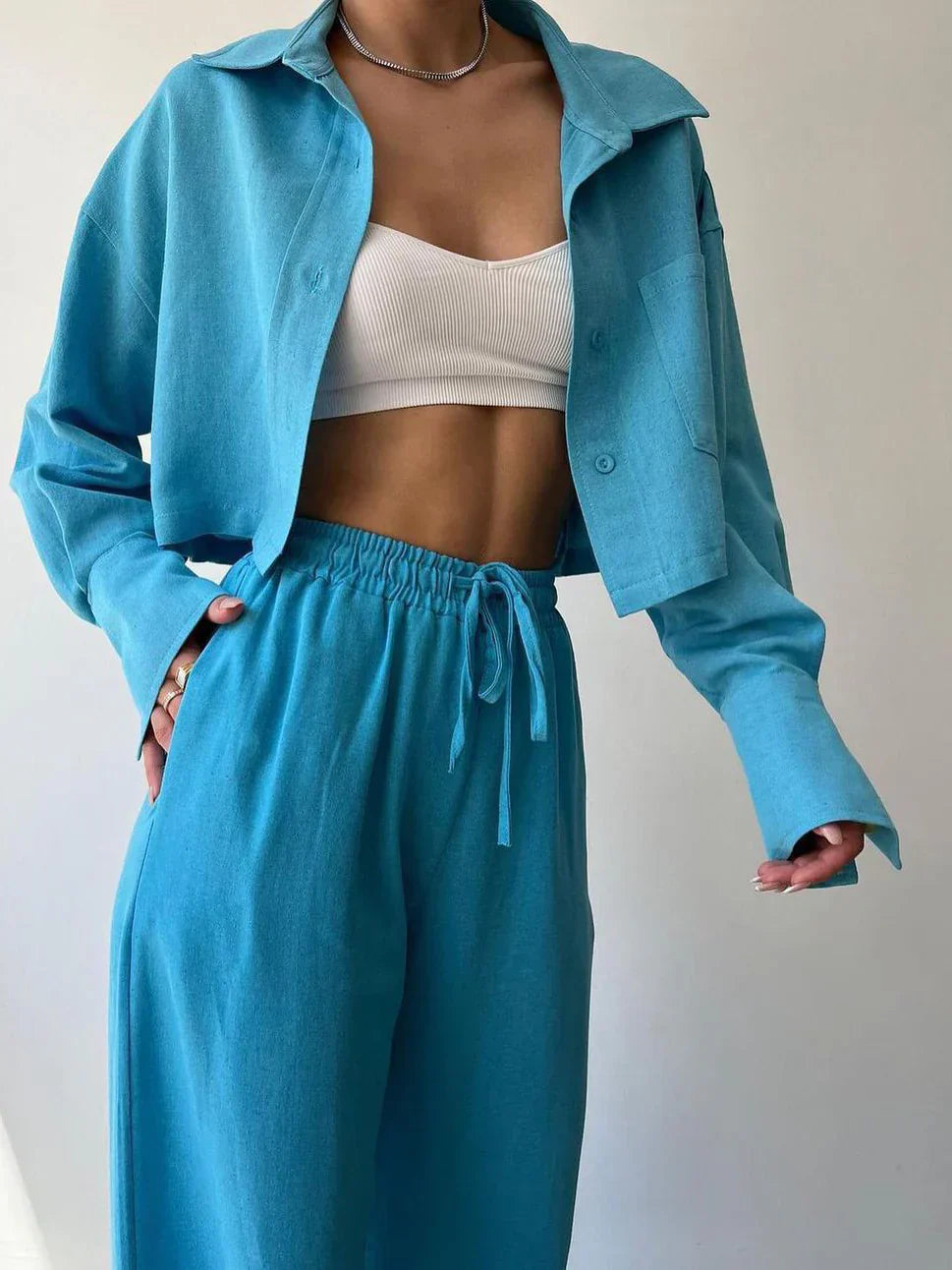 Elisa® | Casual Collared Drawstring Two Piece Pants Set
