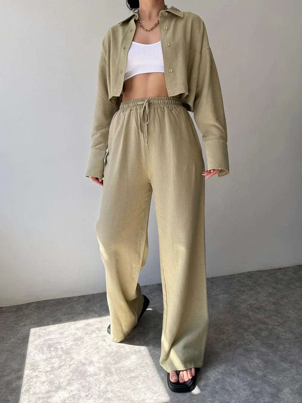 Elisa® | Casual Collared Drawstring Two Piece Pants Set