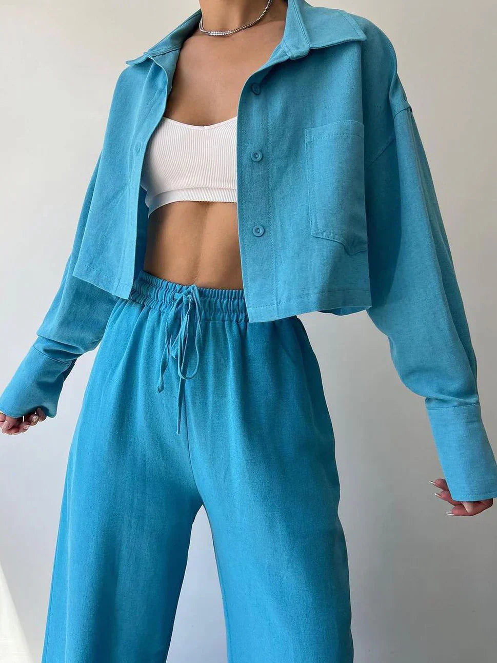 Elisa® | Casual Collared Drawstring Two Piece Pants Set