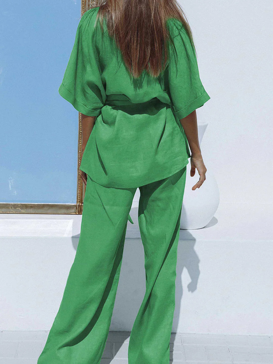 Sara® | Belt Design Oversized Linen Tied Two Piece Pants Set