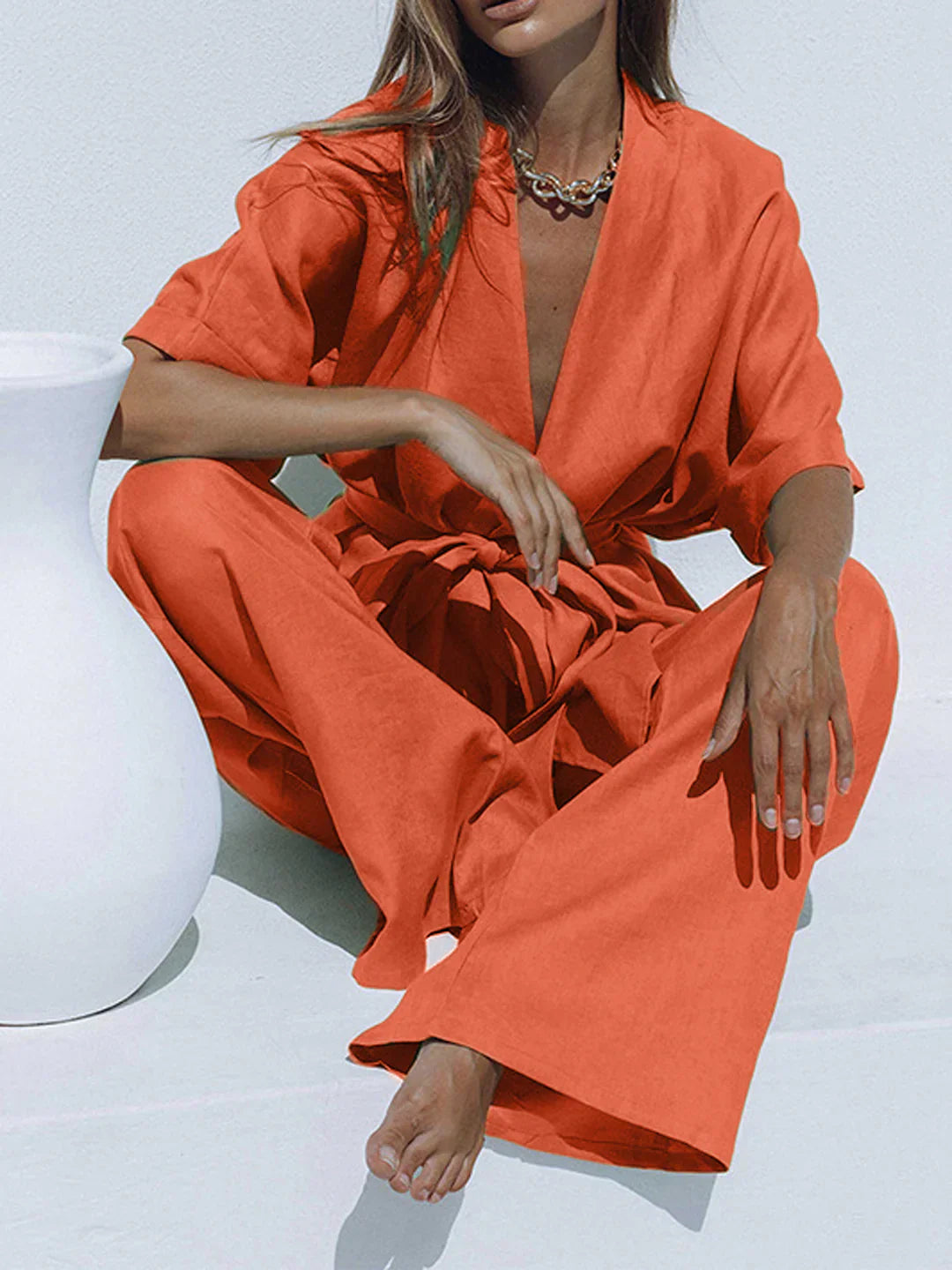 Sara® | Belt Design Oversized Linen Tied Two Piece Pants Set