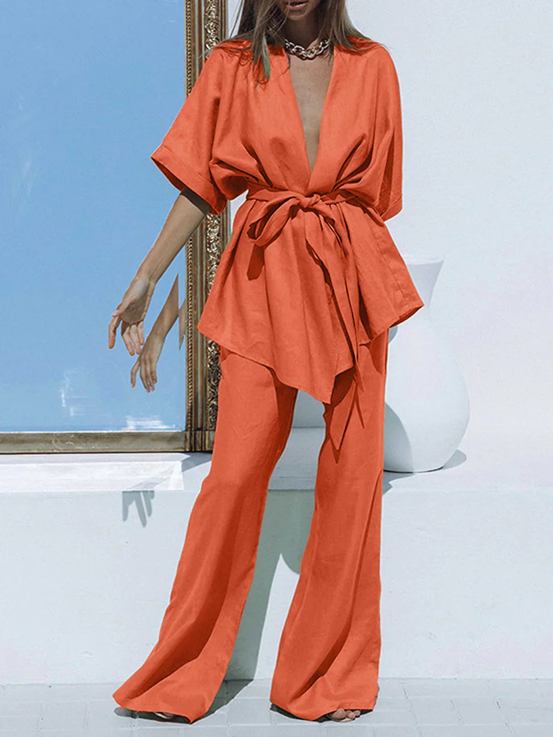 Sara® | Belt Design Oversized Linen Tied Two Piece Pants Set