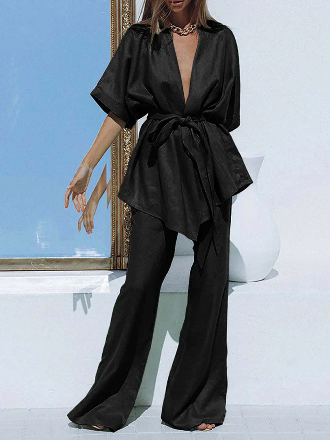 Sara® | Belt Design Oversized Linen Tied Two Piece Pants Set