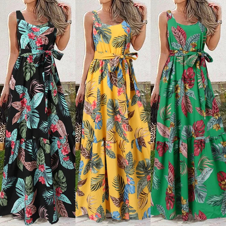 Elora™ – Floral Maxi Dress with Waist-Defining Tie