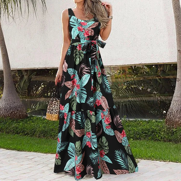 Elora™ – Floral Maxi Dress with Waist-Defining Tie