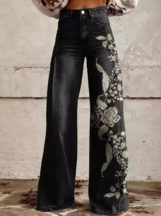 Lily™ | Black Bloom Embroidered Wide Leg Pants