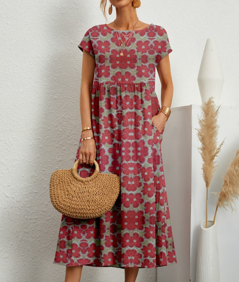 Emily™ - Chic O-neck Printed Dress with Pockets