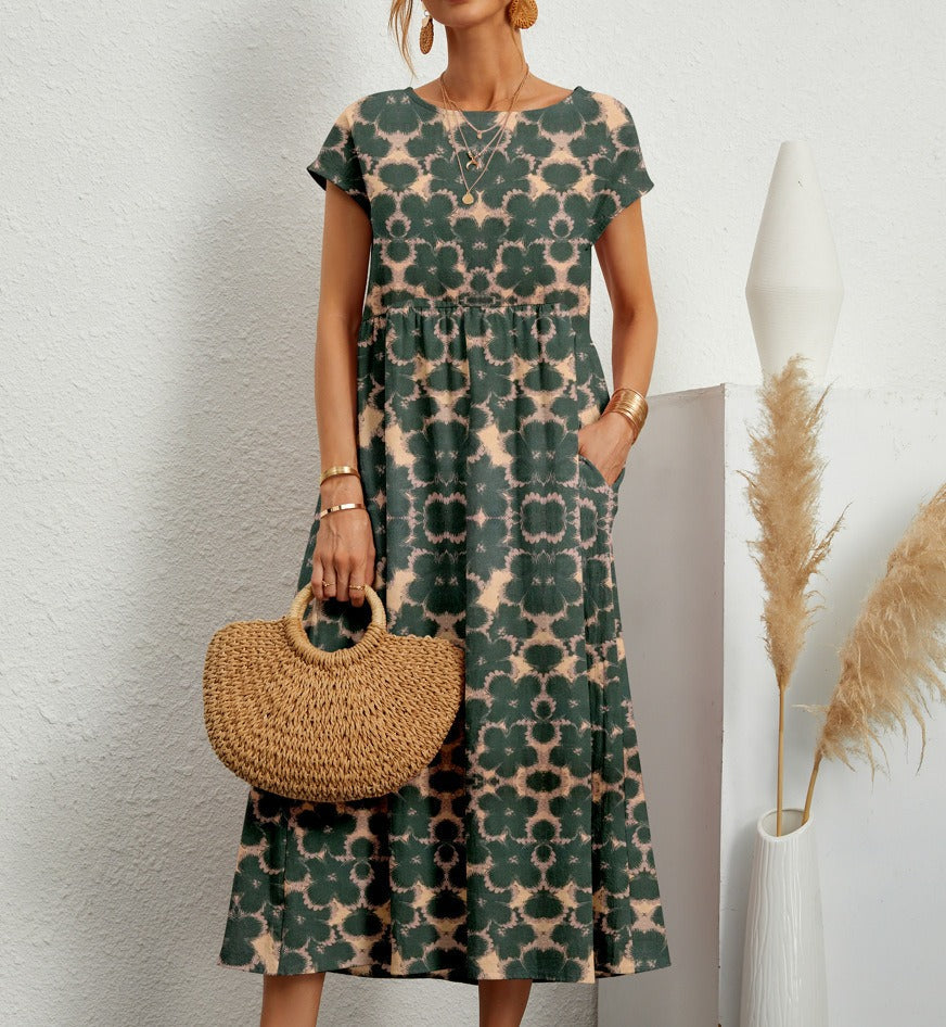 Emily™ - Chic O-neck Printed Dress with Pockets