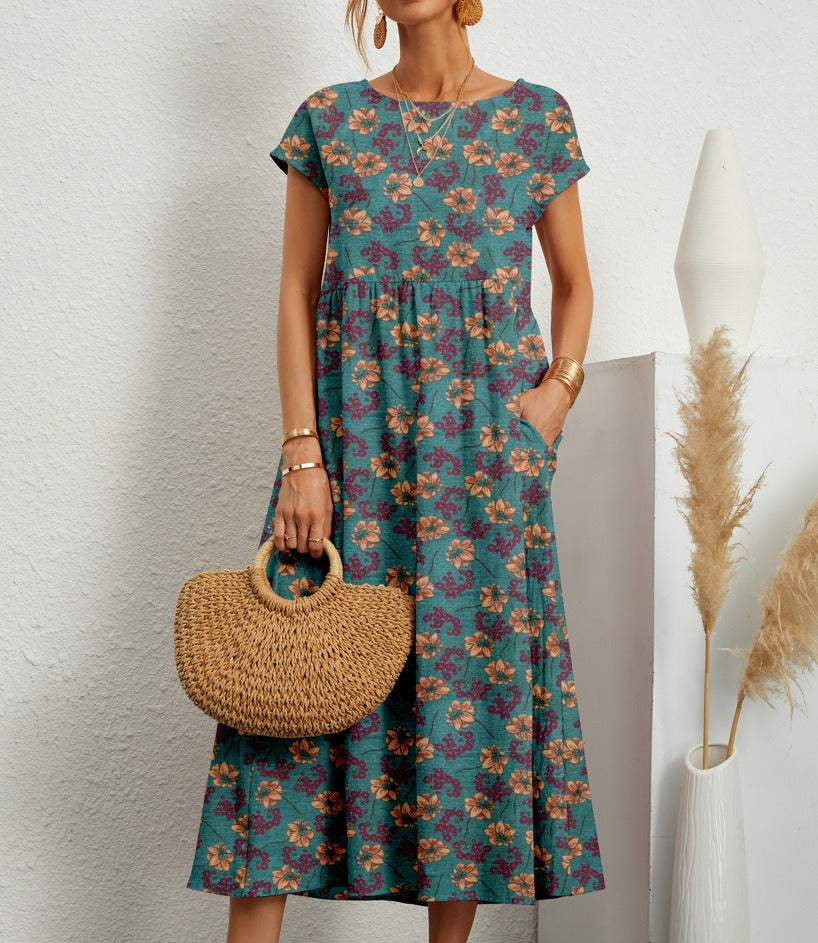 Emily™ - Chic O-neck Printed Dress with Pockets