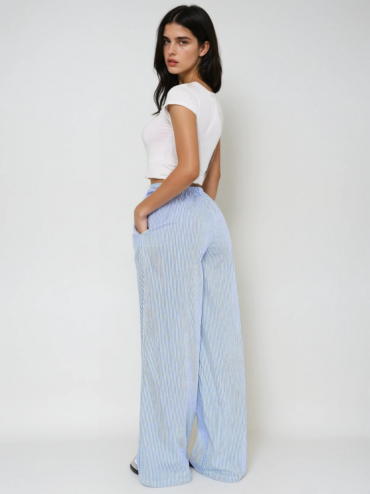 Maisie® | Elastic High Waist Wide Leg Striped Pants