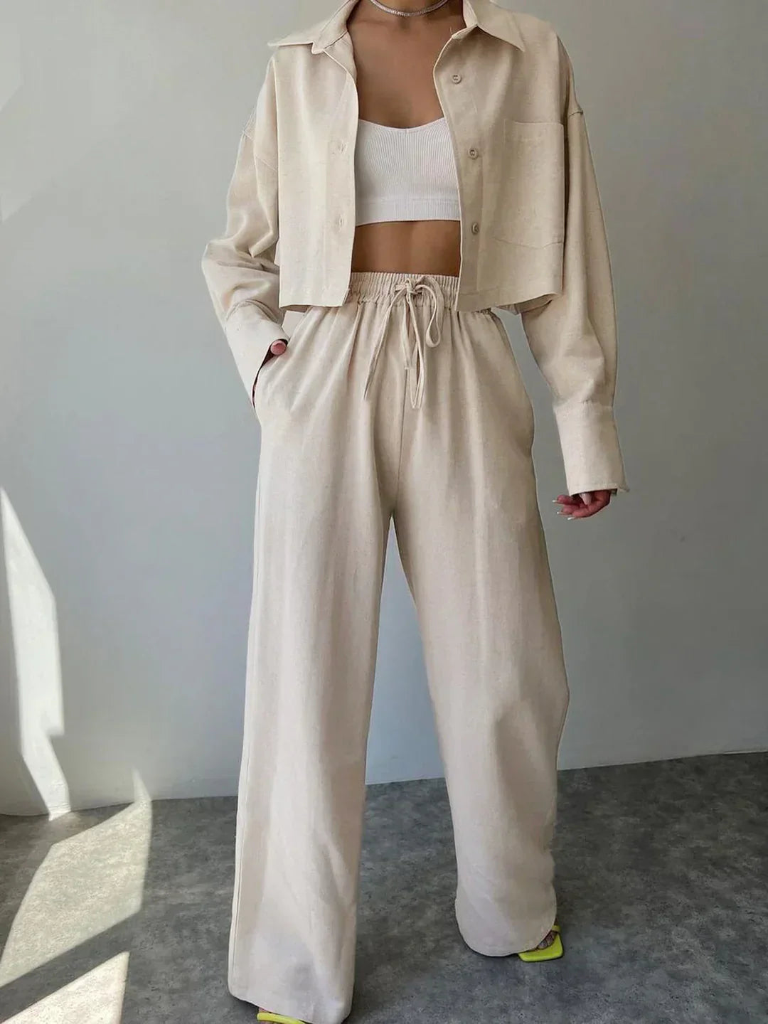 Elisa® | Casual Collared Drawstring Two Piece Pants Set