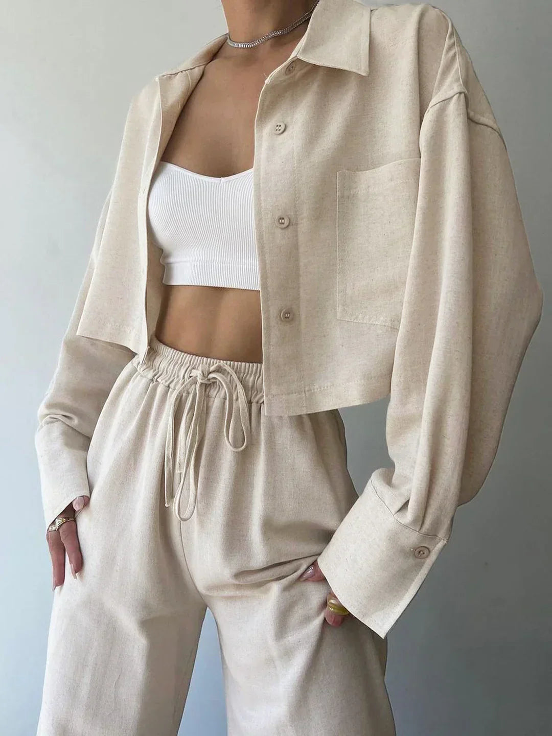 Elisa® | Casual Collared Drawstring Two Piece Pants Set