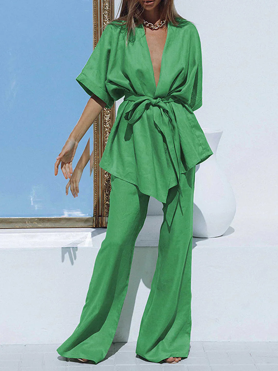 Sara® | Belt Design Oversized Linen Tied Two Piece Pants Set
